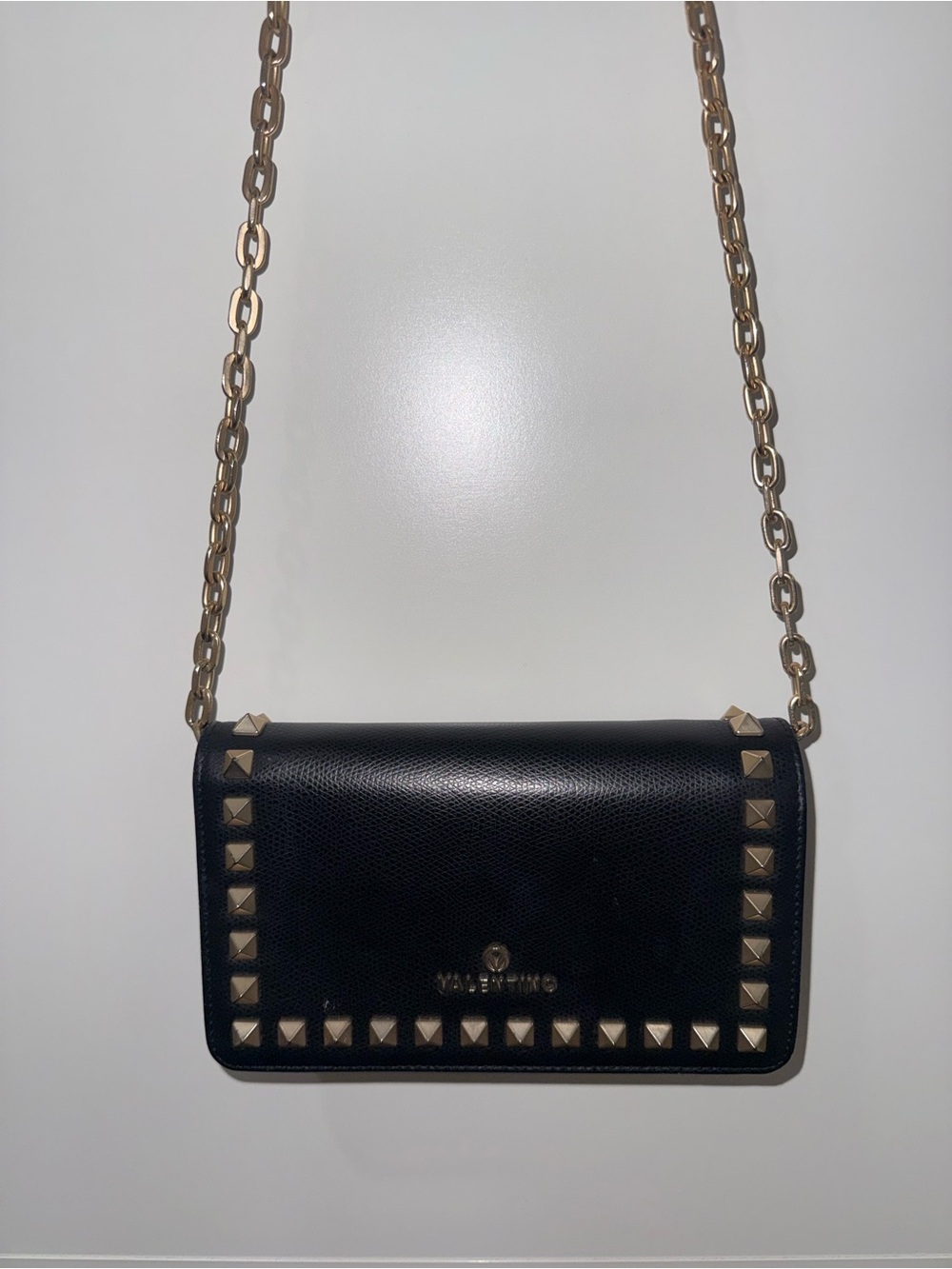 Valentino Black Leather Crossbody with Gold Rockstud Chain